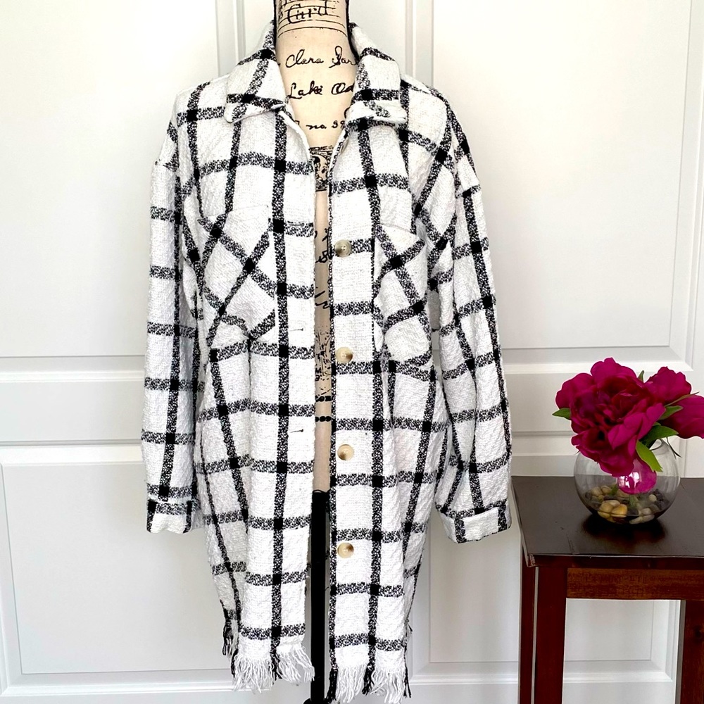 Promesa Black and White Plaid Fringe Hem Jacket Coat